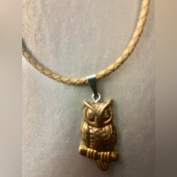 Carved Gold Hematite Owl Pendant Stone w/leather cord (adjustable) - Picture 3 of 6